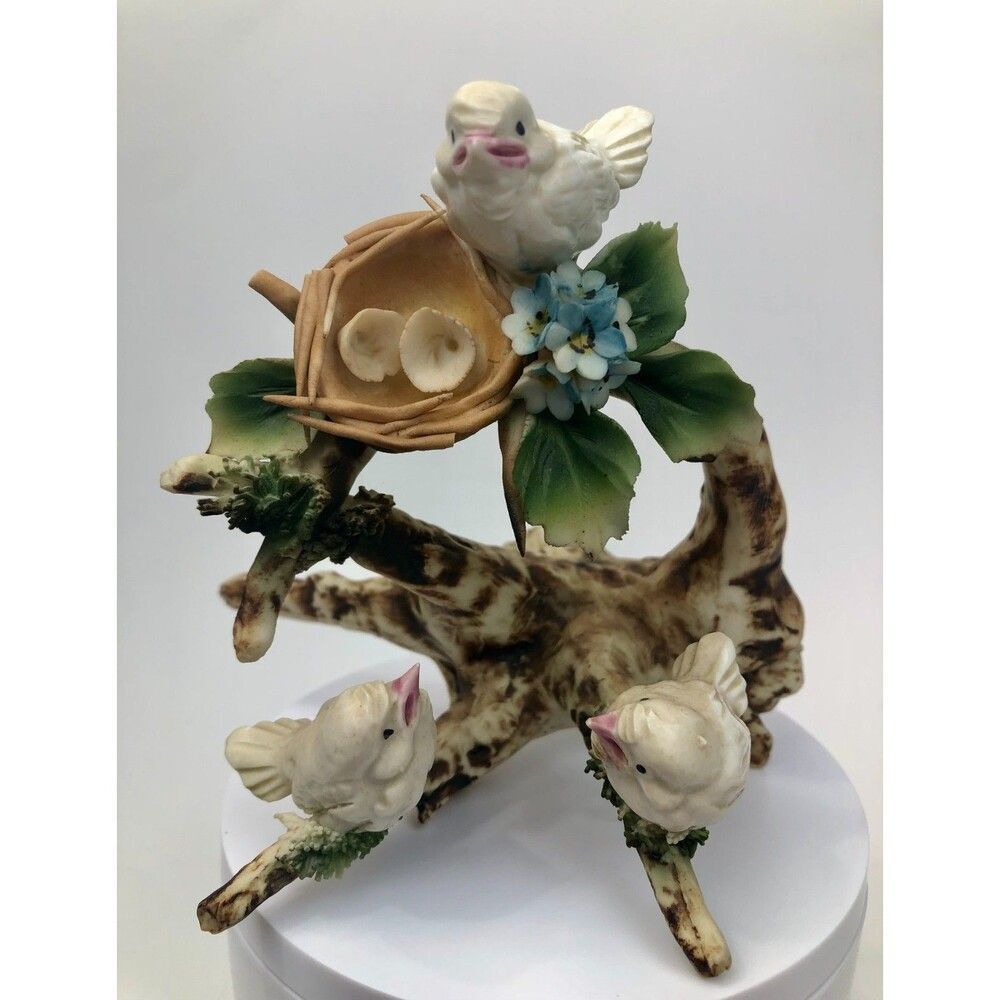 Vintage Capodimonte 1980s Porcelain Figurine Birds Hatched in Nest